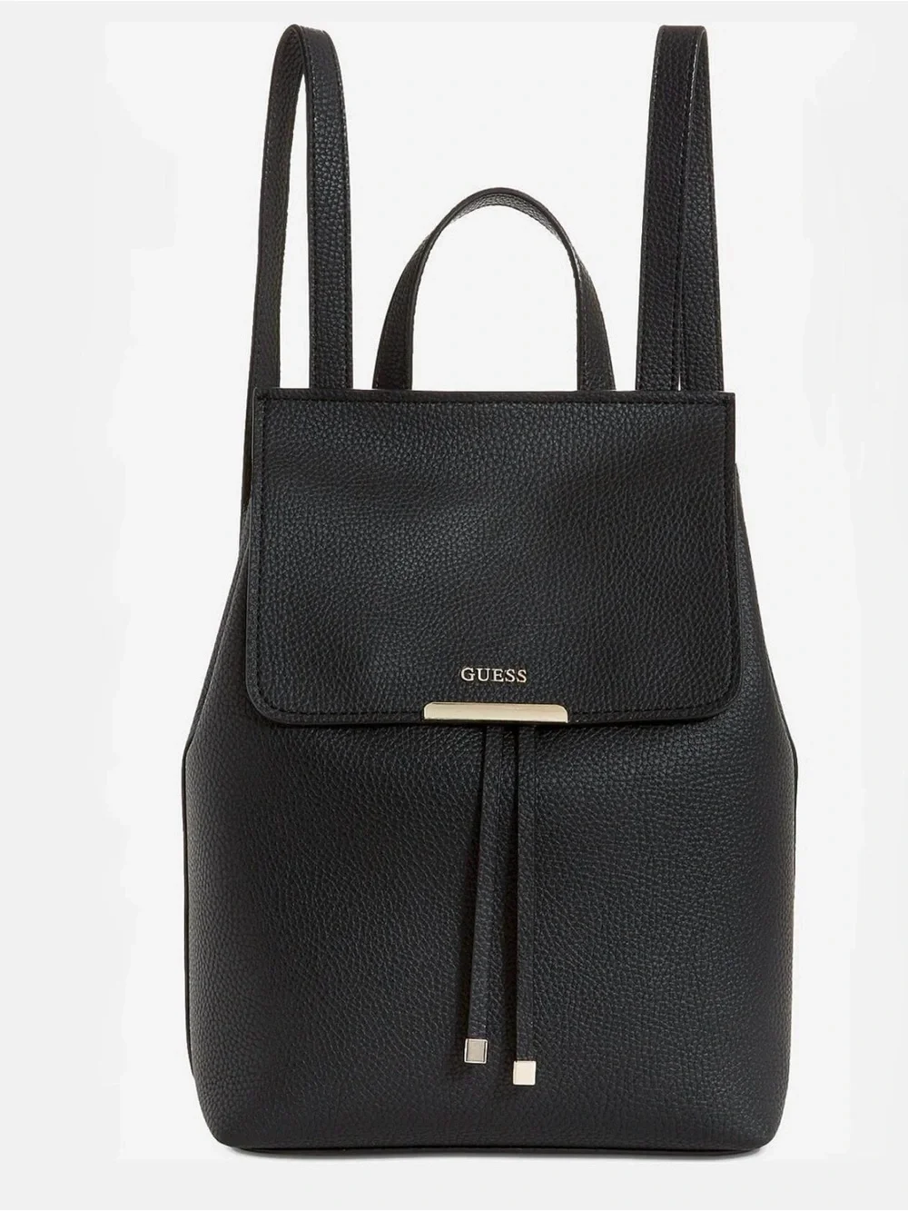 GUESS Black Pebbled Leather Drawstring Backpack with Gold Hardware